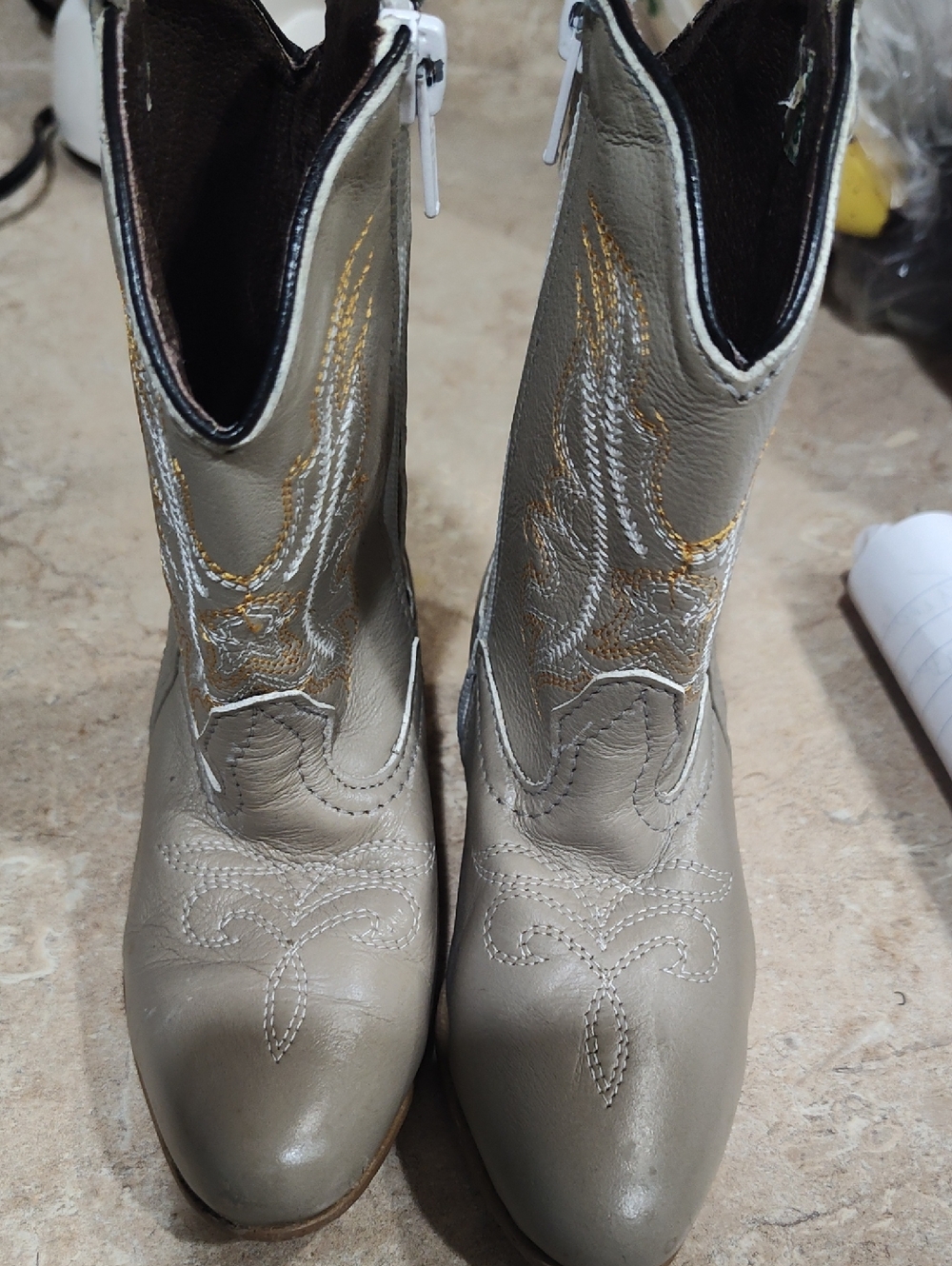 Kids Taupe Cowboy Boots with Embroidered Detail